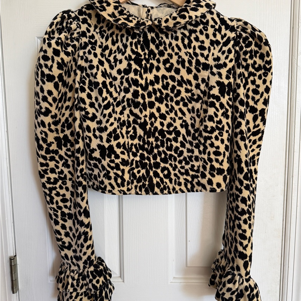 Batsheva Velvet Leopard Print Puff Sleeve Crop Top - Black on Cream